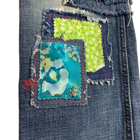 Cat Jack Stretch Jeans Day of the Dead Boho Sugar Skull Patch Red Black Girls 14 - Picture 5 of 12